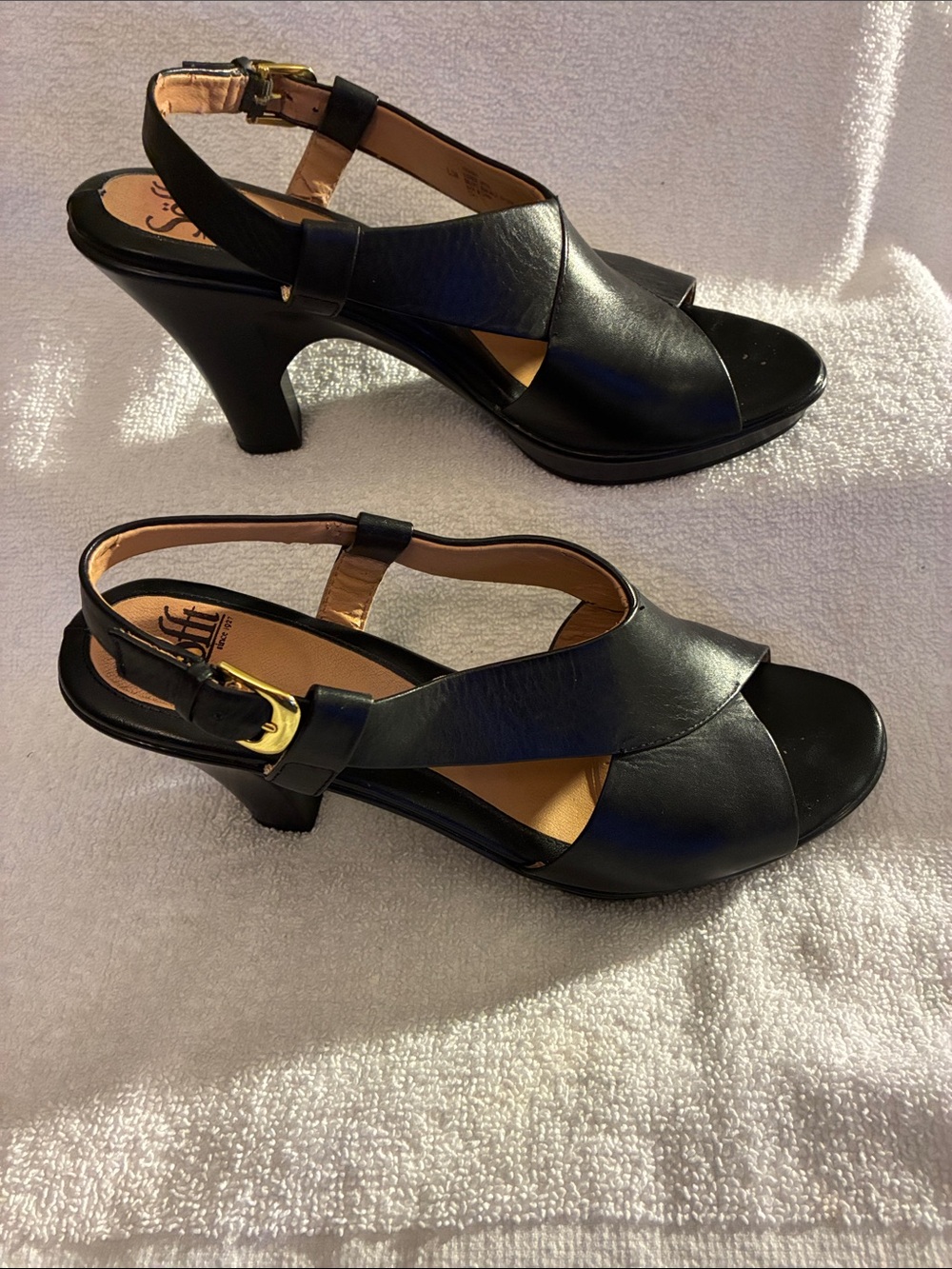 Sofft Black Leather Slingback Heels with Gold Buckle